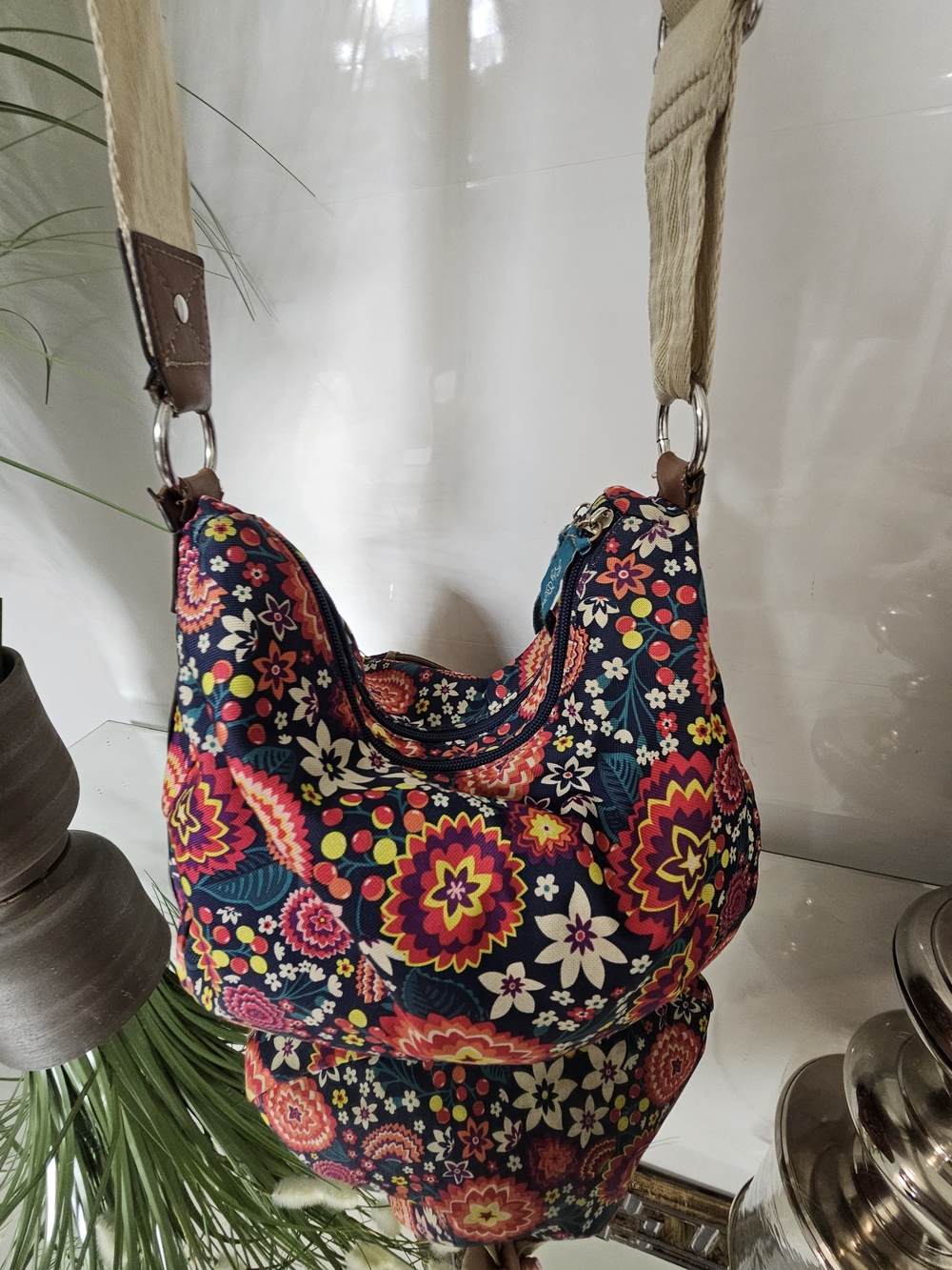 Lily Bloom Navy Floral Crescent Shoulder Bag with Multicolor Print